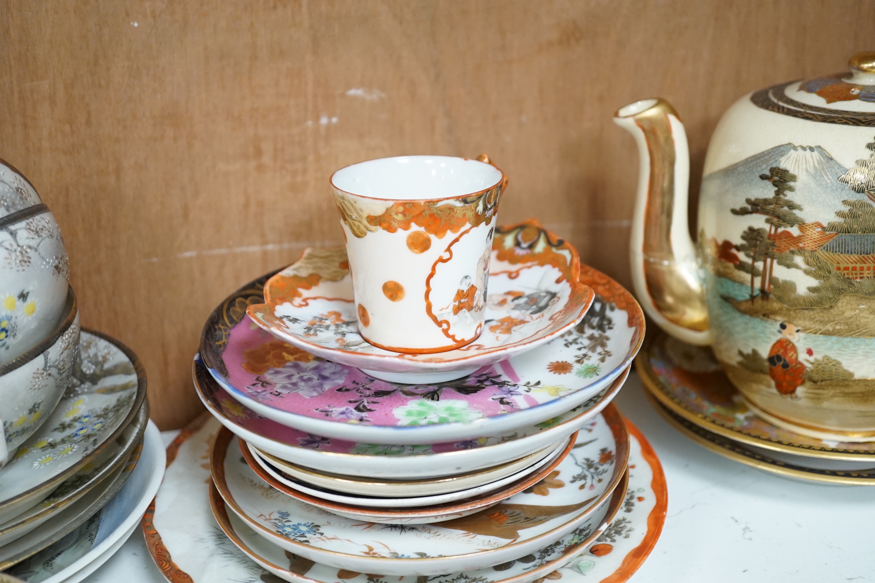 A group of various Japanese ceramics to include kutani and egg shell teawares, a Chinese crackle glaze jardiniere and another, a Chinese crackleware bowl and a blanc de chine cup
